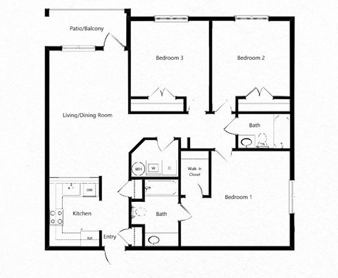 Floor plan for 3 beds, 2 baths, 1229 sqft